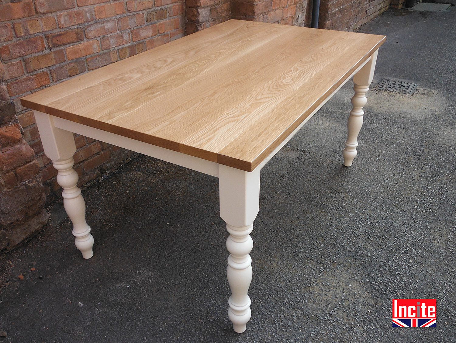 Custom made Turned Painted Leg with Solid Oak Top Tables